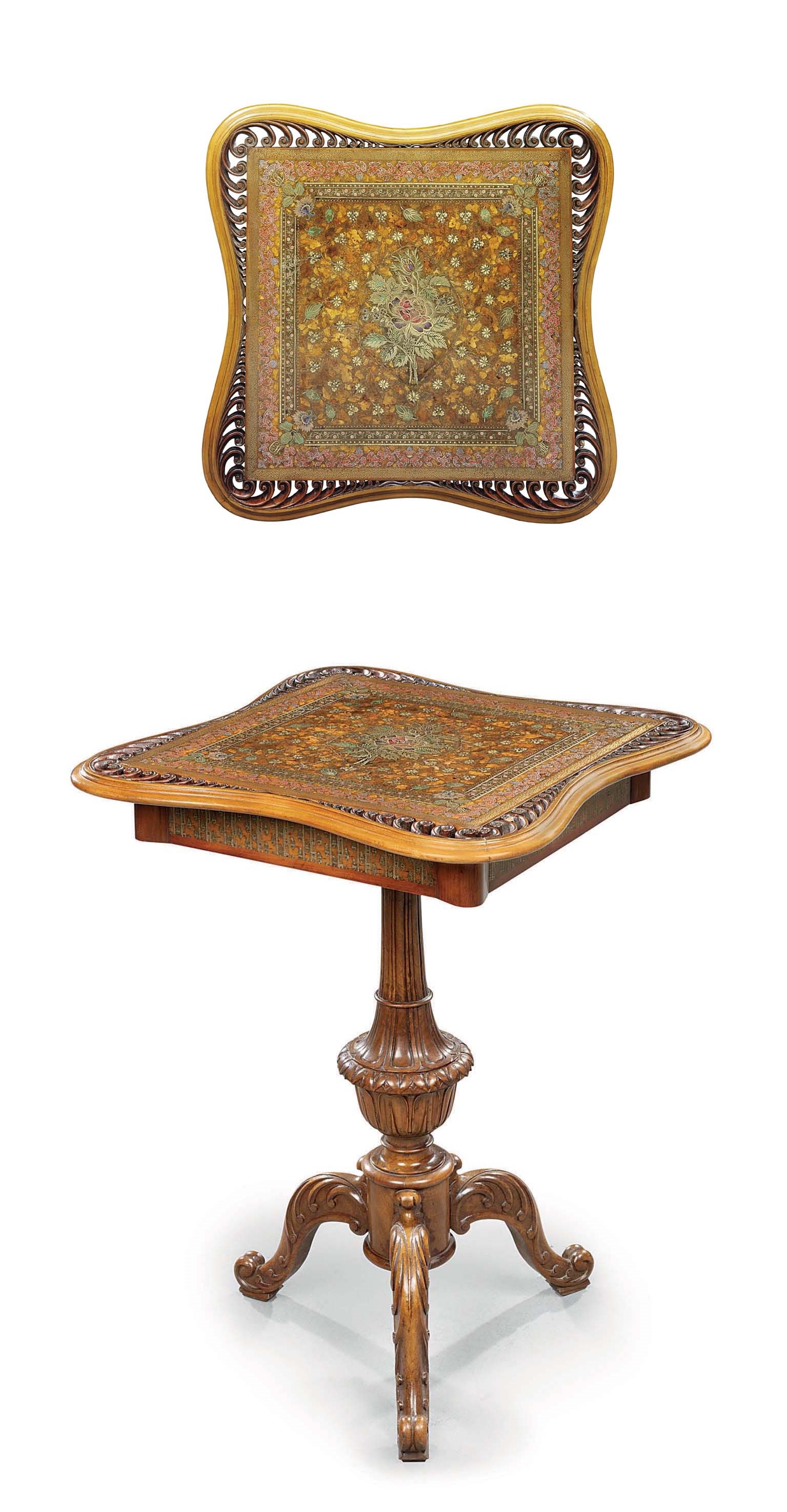 A NORTH EUROPEAN BRASS AND COLOURED PASTE-INLAID WALNUT AND BIRCH TRIPOD TABLE