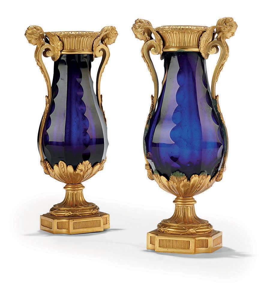 A PAIR OF NORTH EUROPEAN ORMOLU-MOUNTED BLUE GLASS VASES