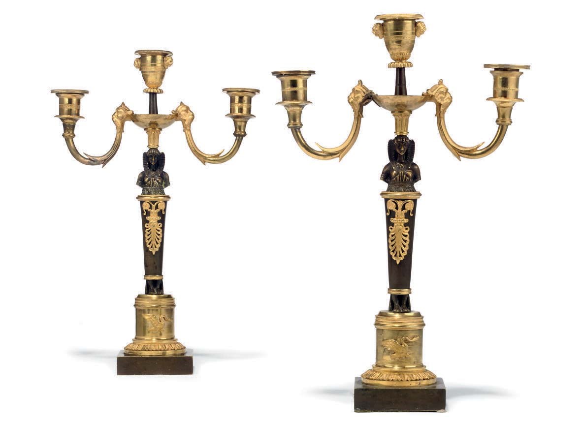 A PAIR OF RUSSIAN ORMOLU AND PATINATED-BRONZE TWO-BRANCH CANDELABRA