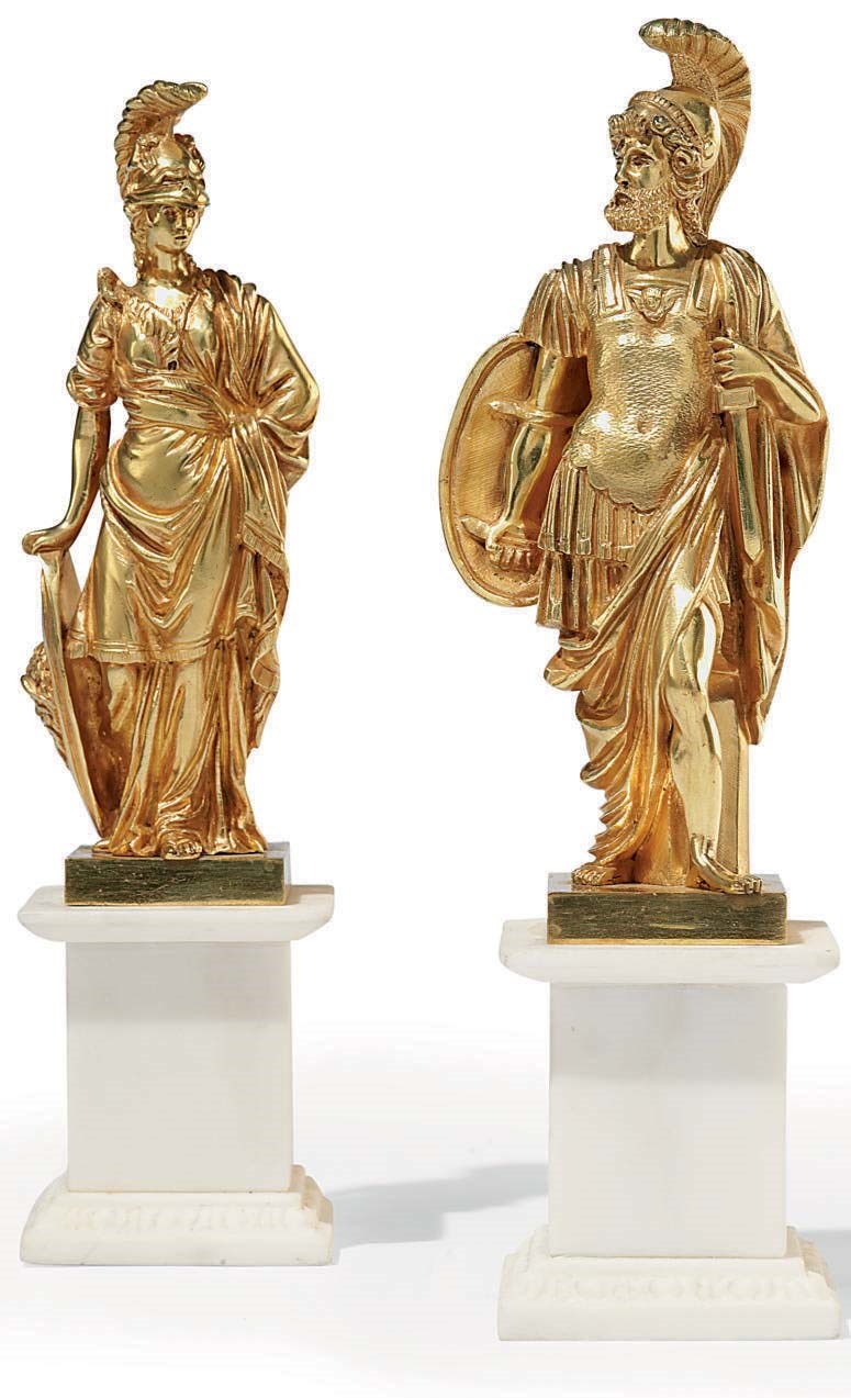 A PAIR OF FRENCH ORMOLU AND WHITE MARBLE FIGURES OF MARS AND MINERVA