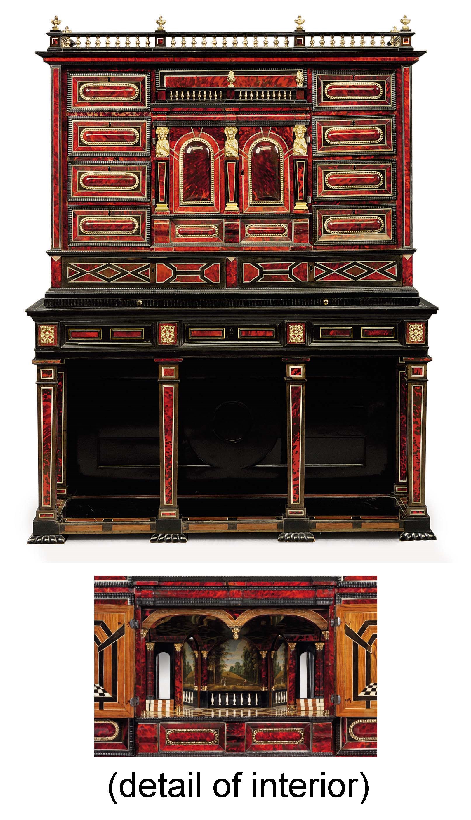 A FLEMISH GILT-METAL-MOUNTED, IVORY AND HORN-INLAID, EBONY, ROSEWOOD AND TORTOISESHELL CABINET-ON-STAND