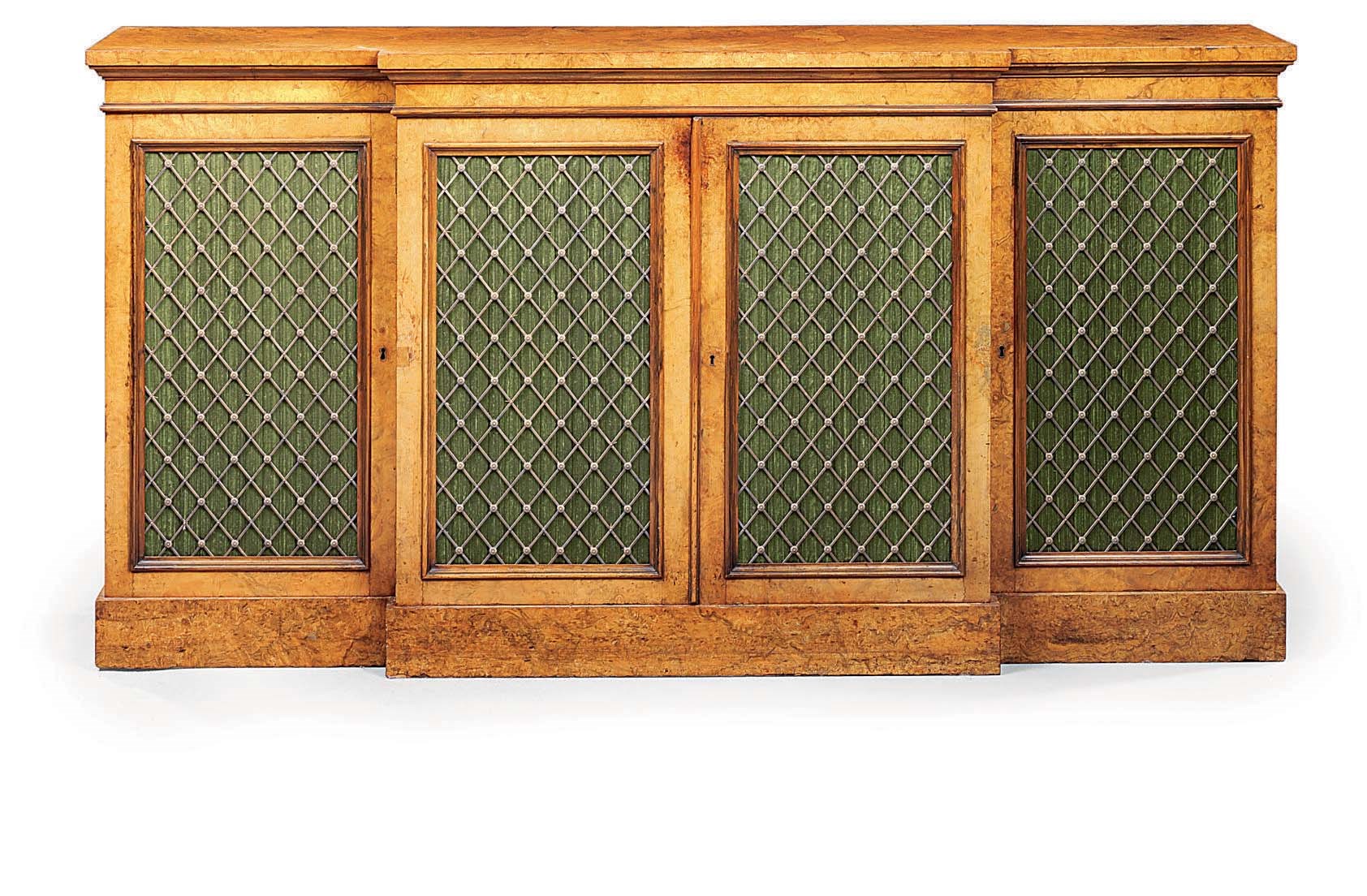 AN EARLY VICTORIAN BURR WALNUT BREAKFRONT SIDE CABINET