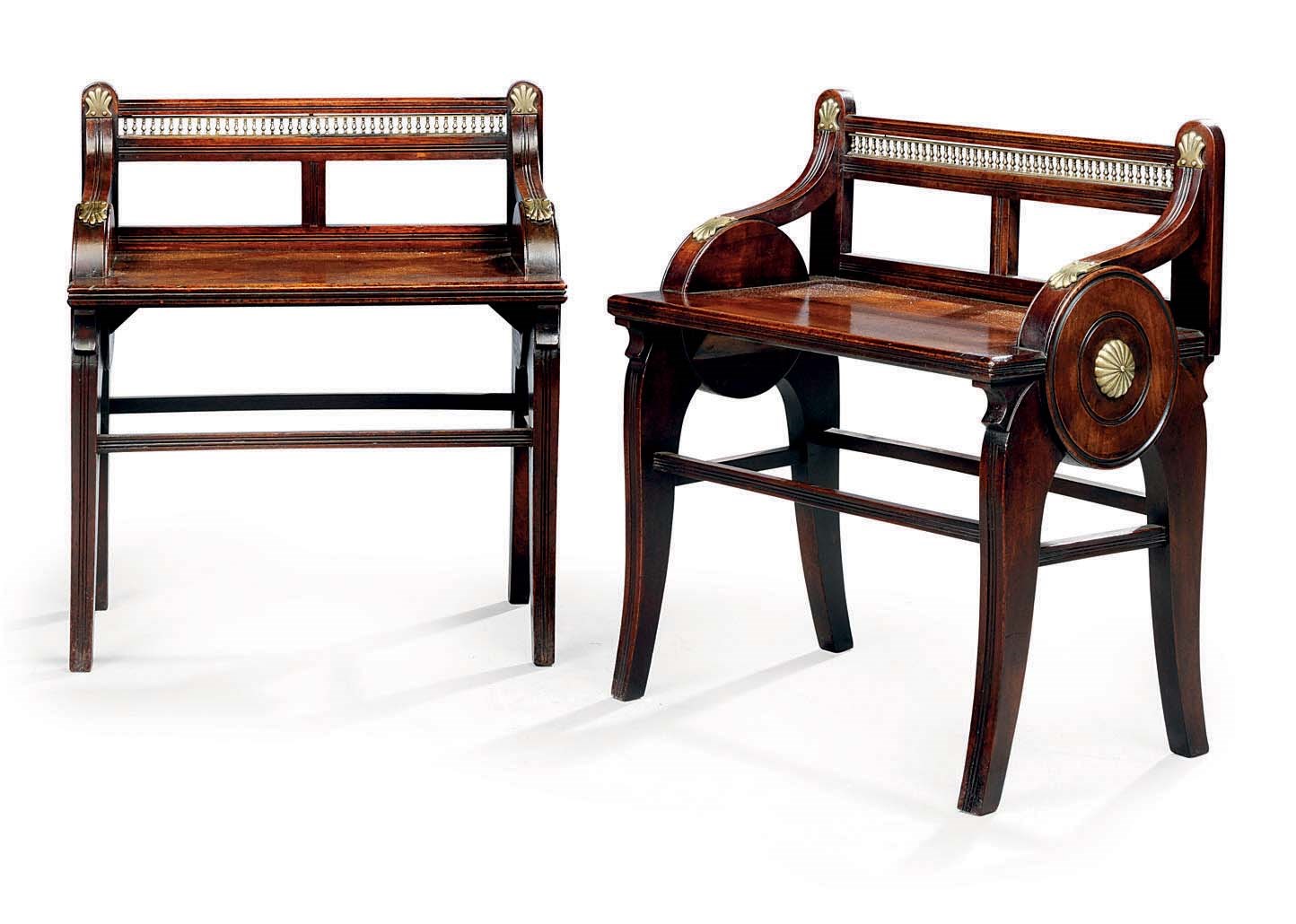 A PAIR OF LATE VICTORIAN BRASS-MOUNTED WALNUT HALL BENCHES