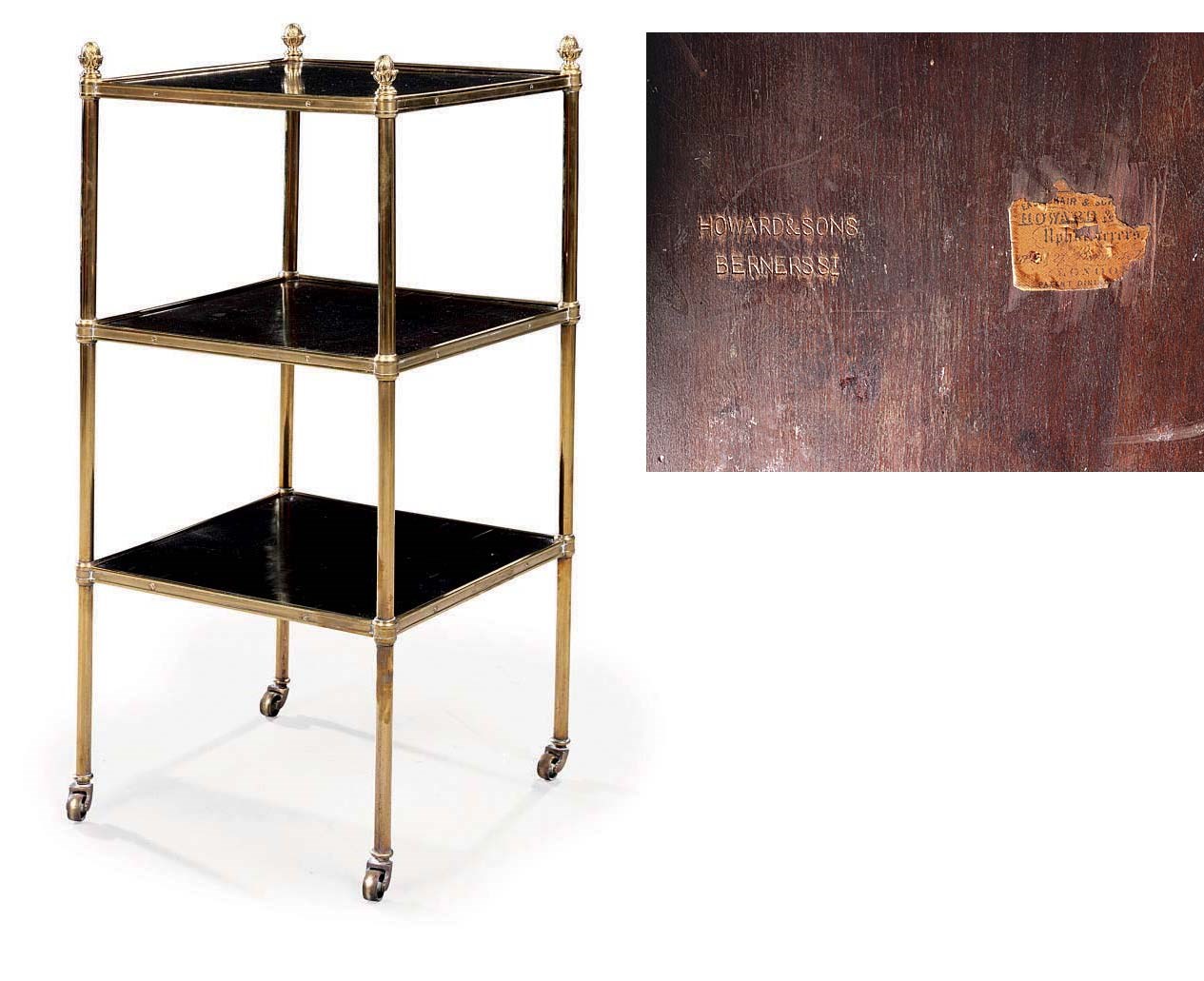 A LATE VICTORIAN BRASS AND EBONISED THREE-TIER ETAGERE