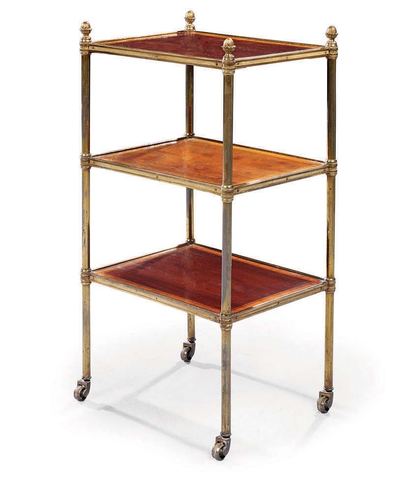 A BRASS, MAHOGANY AND SATINWOOD THREE-TIER ETAGERE