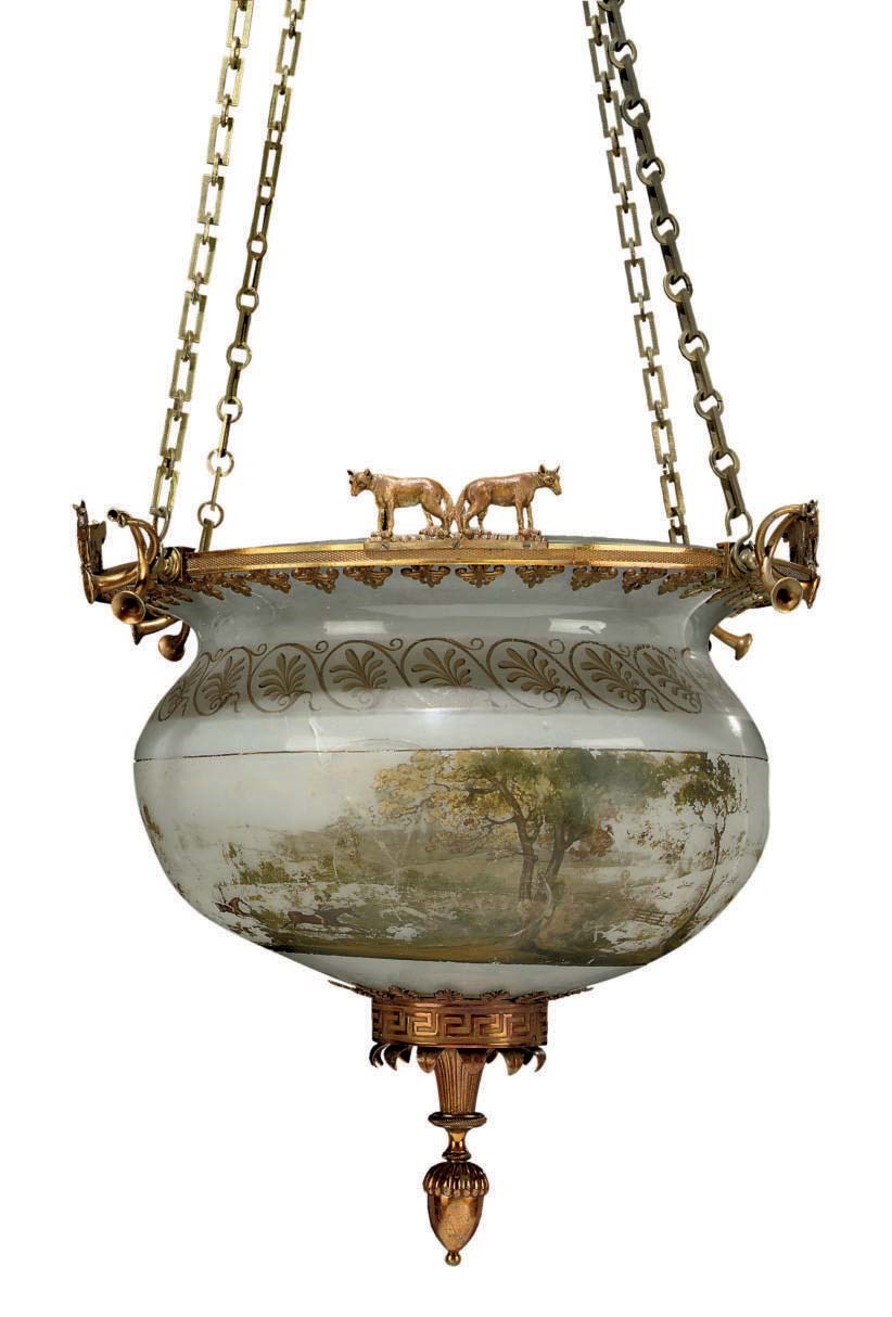 A REGENCY ORMOLU-MOUNTED AND POLYCHROME-DECORATED FROSTED-GLASS HANGING LIGHT