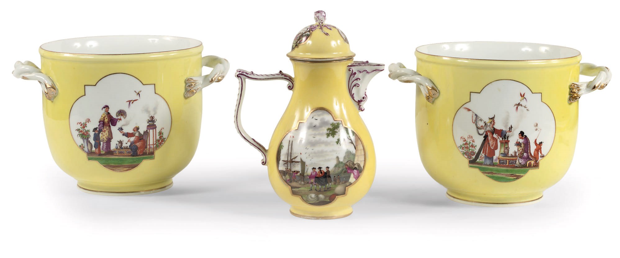 A Meissen porcelain yellow ground coffee-pot and a pair of jardinieres