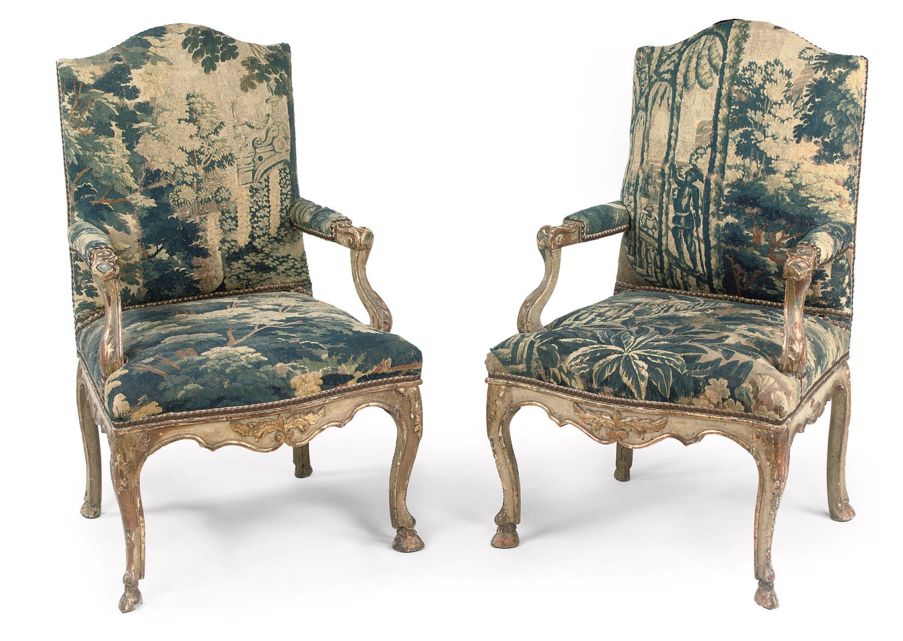 A PAIR OF ITALIAN PARCEL-GILT AND GREEN-PAINTED WALNUT FAUTEUILS A CHASSIS