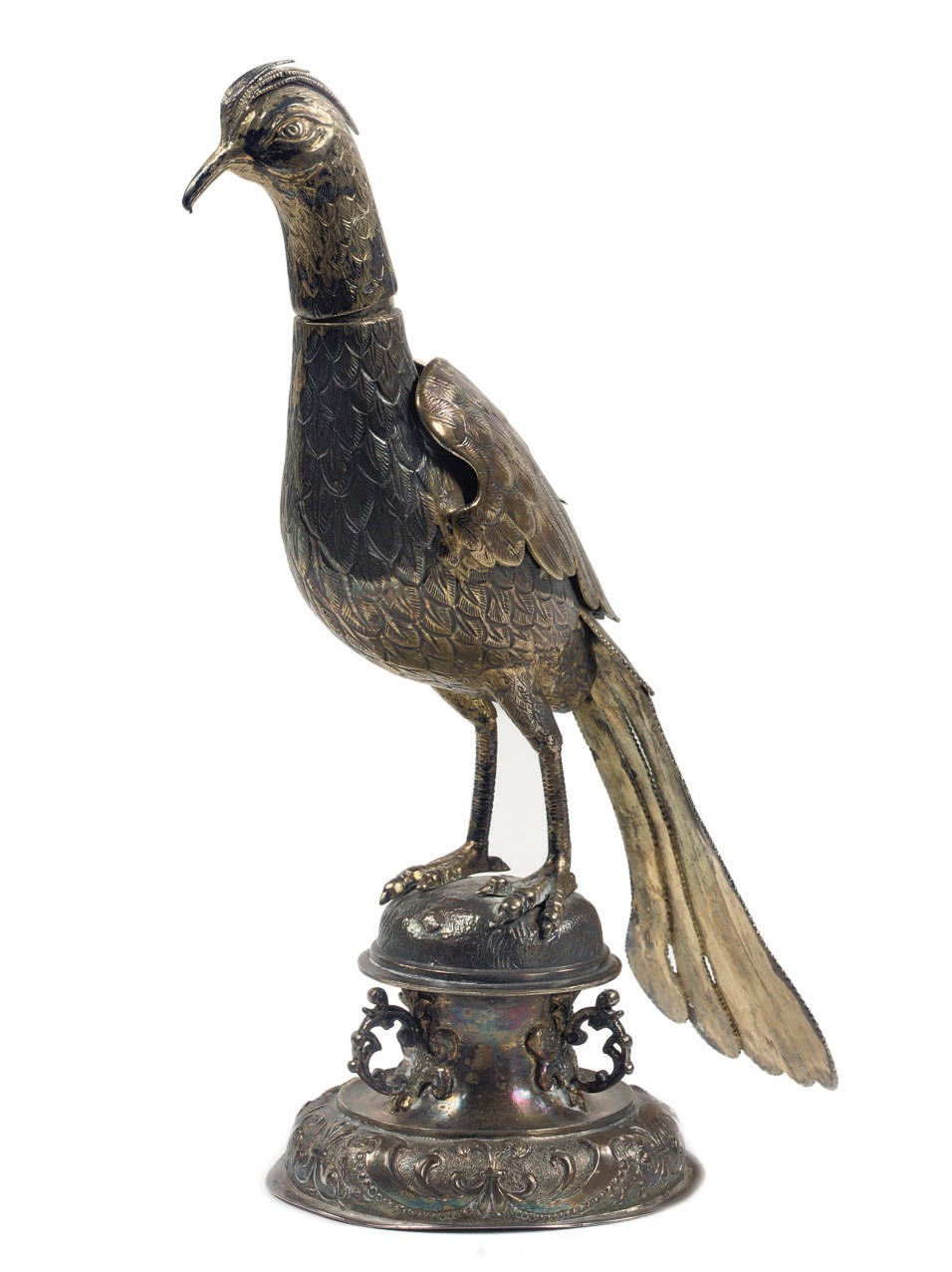 A German parcel-gilt silver model of a peacock