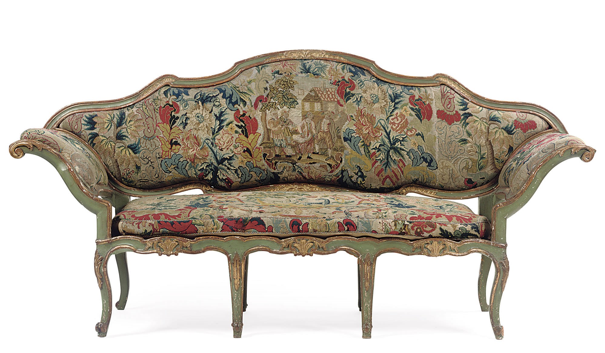 AN ITALIAN PARCEL-GILT AND GREEN-PAINTED WALNUT SETTEE A CHASSIS
