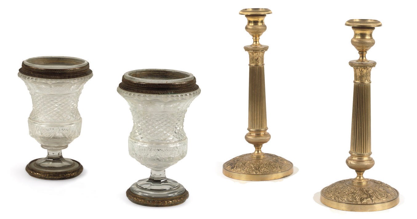A PAIR OF RESTAURATION ORMOLU CANDLESTICKS