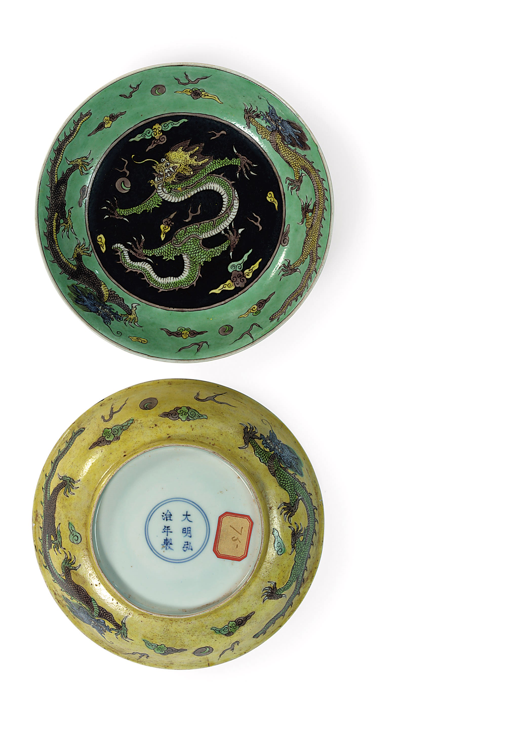 A pair of Chinese biscuit famille verte saucer dishes