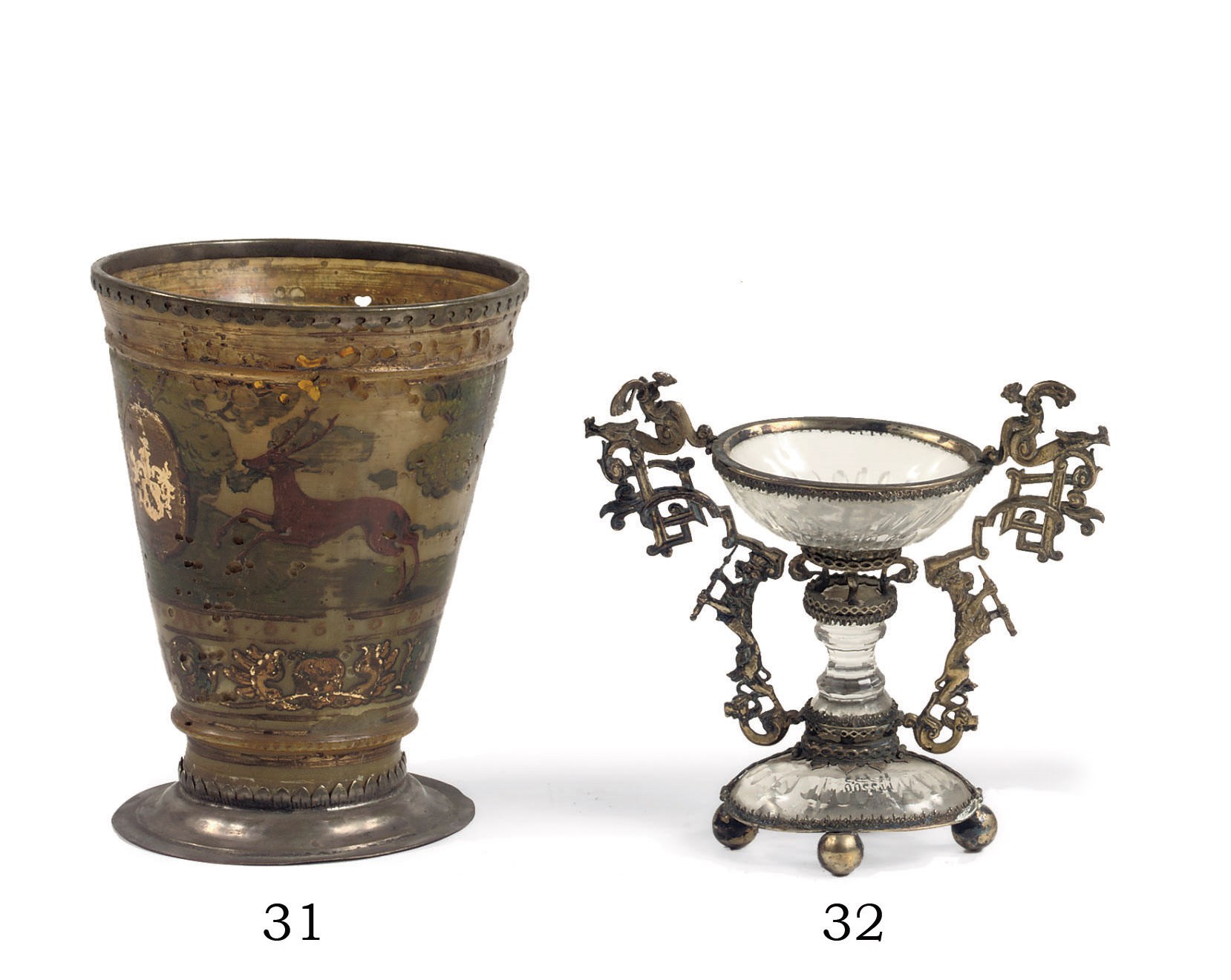 A GERMAN SILVER-MOUNTED PARCEL-GILT AND POLYCHROME DECORATED HORN BEAKER