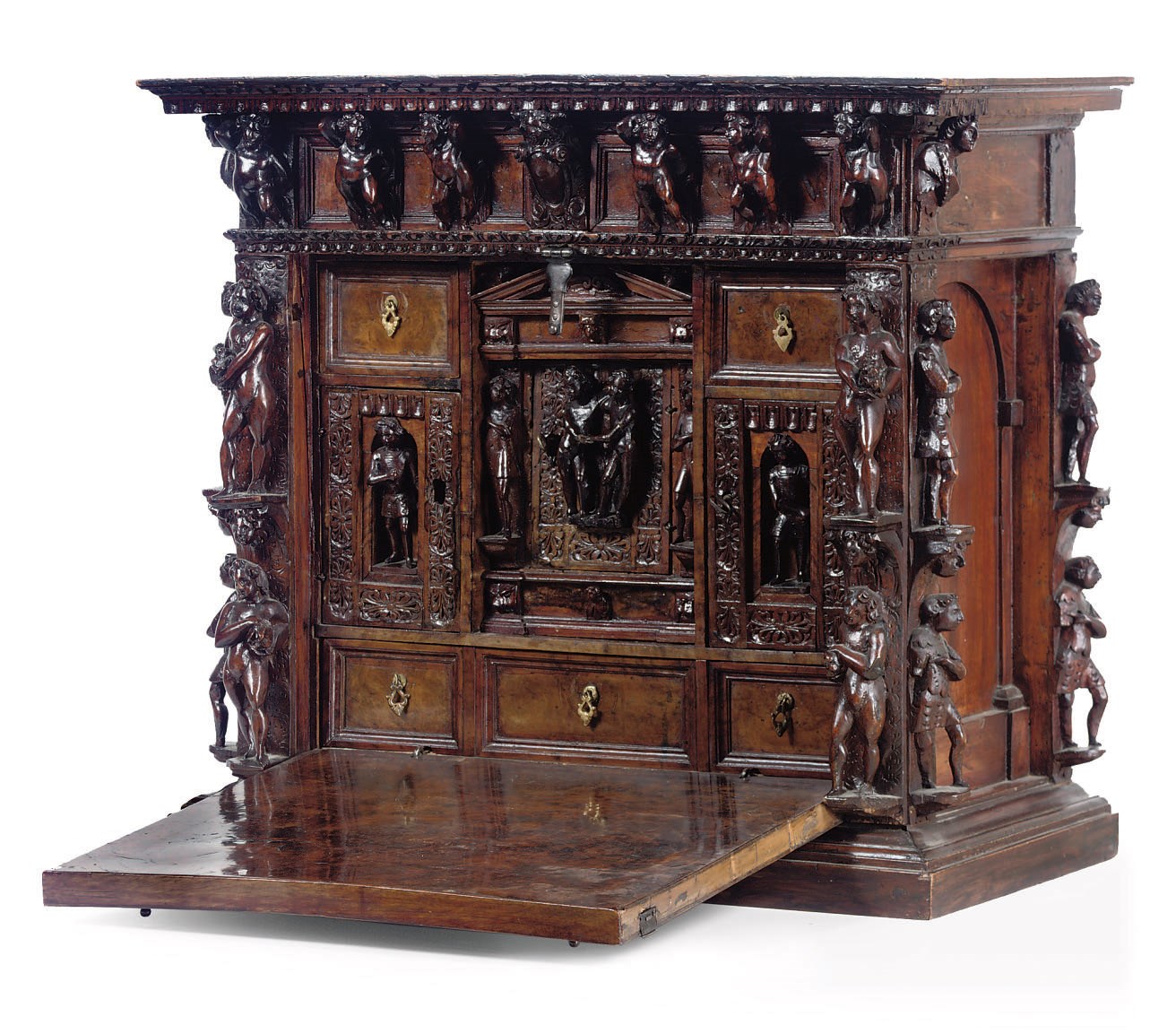 AN ITALIAN METAL-MOUNTED, WALNUT AND BURR-WALNUT "BAMBOCCIO" CABINET
