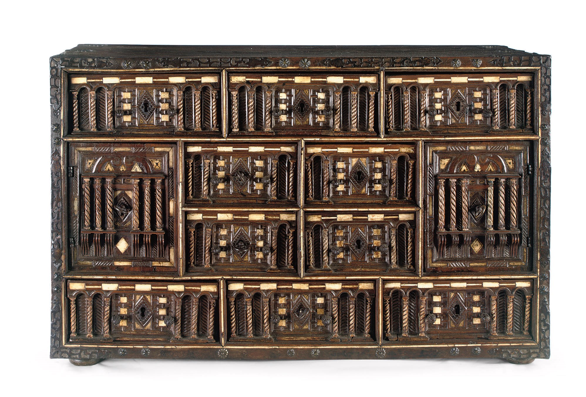 A Spanish iron-mounted, parcel-gilt and bone inlaid walnut 'papelara'