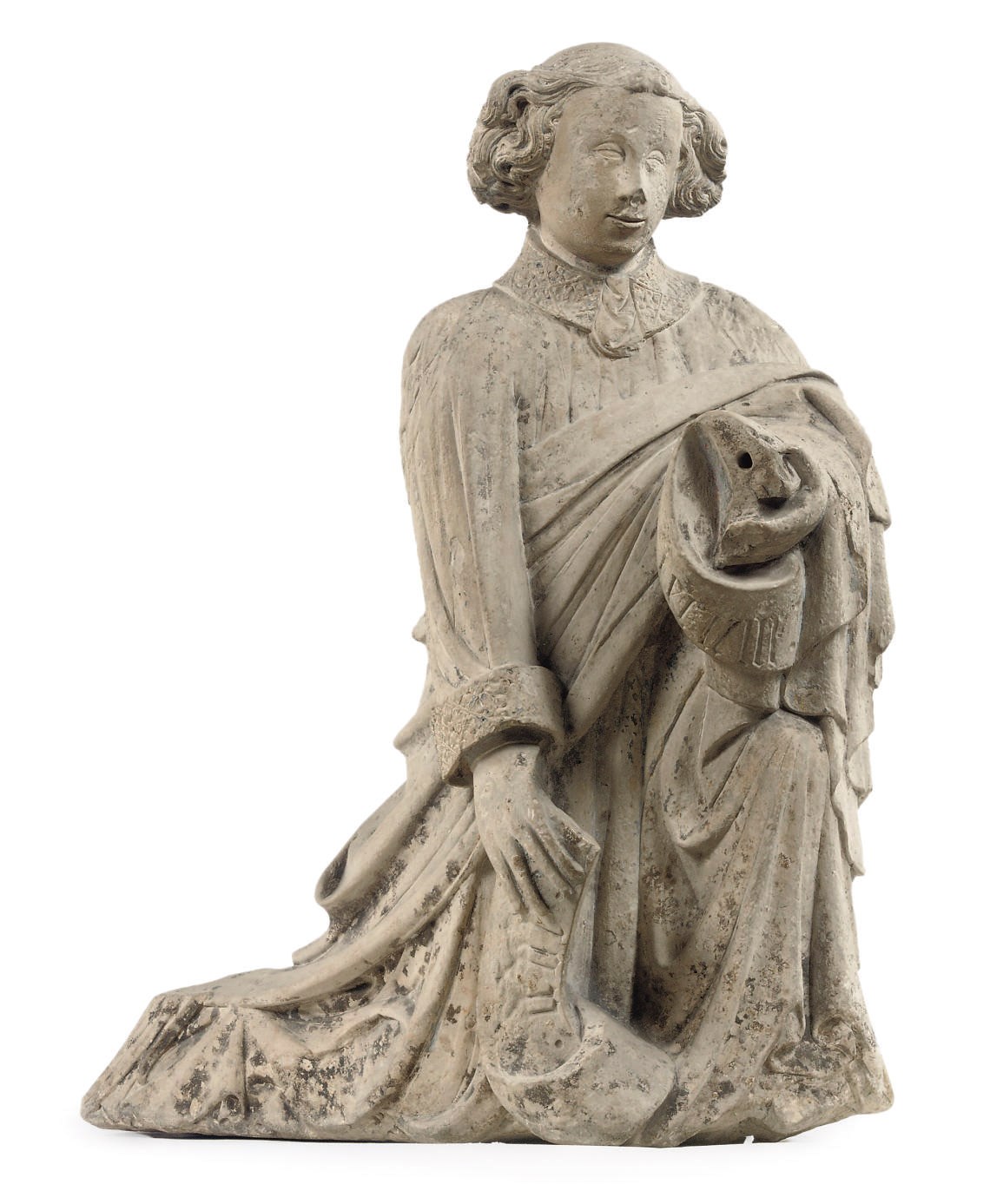 A CARVED STONE FIGURE OF A KNEELING ANGEL