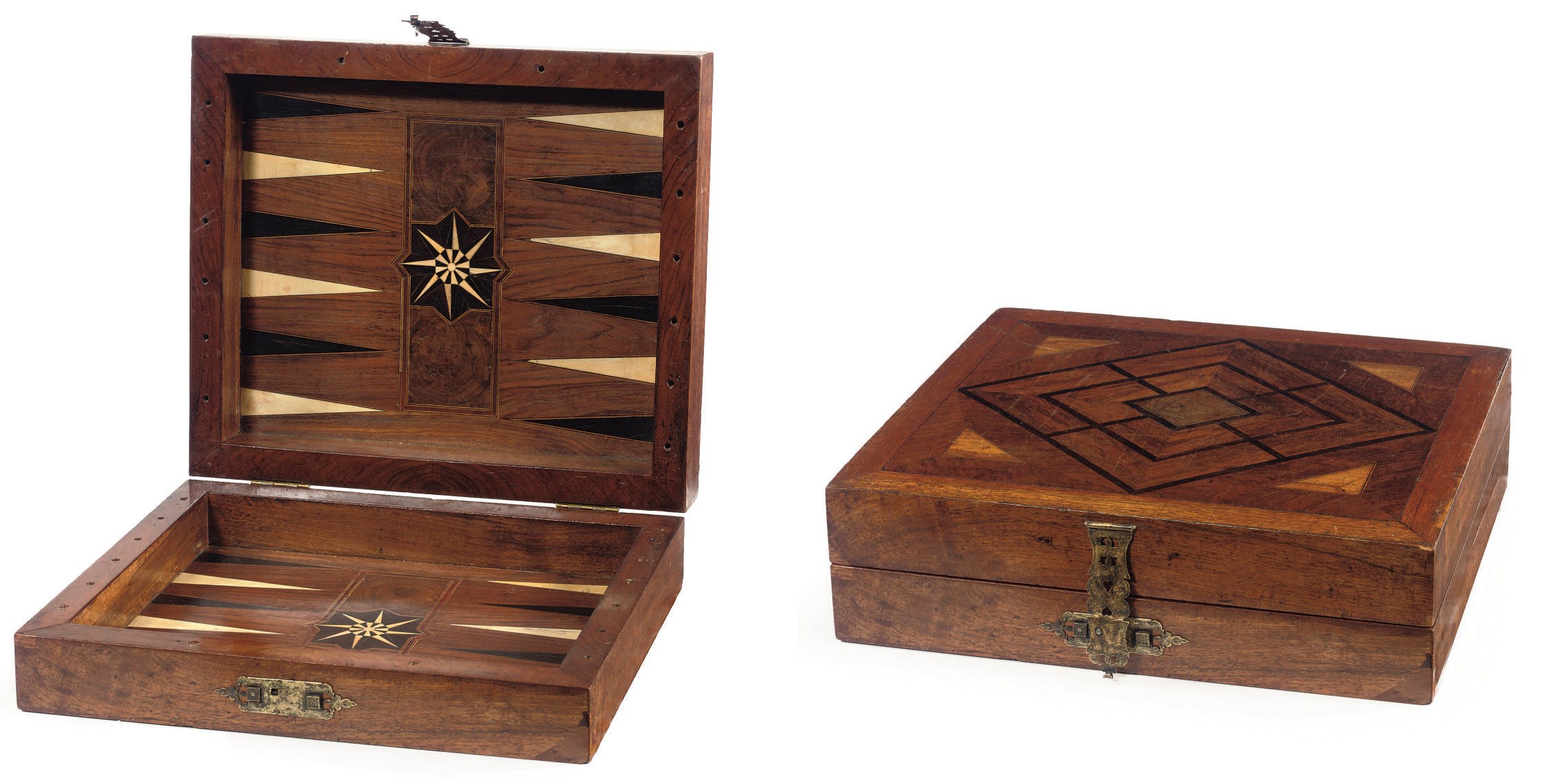 A GERMAN WALNUT, PADOUK, EBONY, IVORY AND MARQUETRY GAMES BOARD