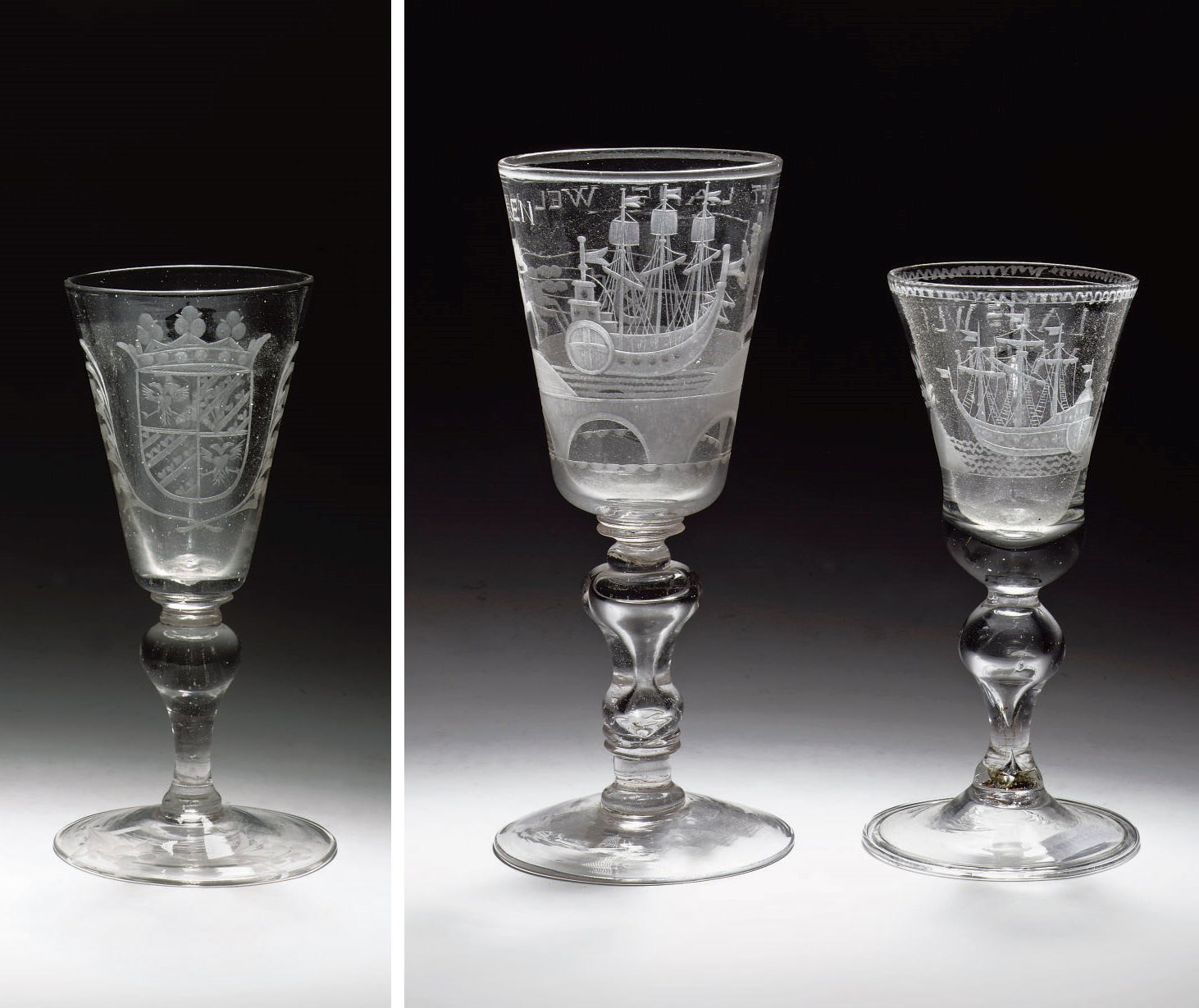 Three Dutch engraved goblets