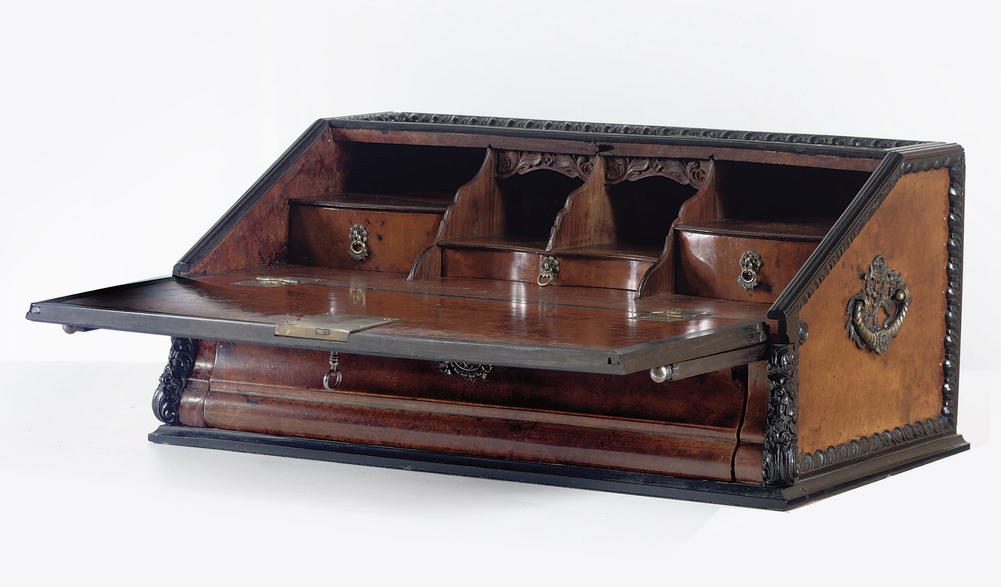 A Dutch colonial silver-mounted ebony and amboyna travel writing-box