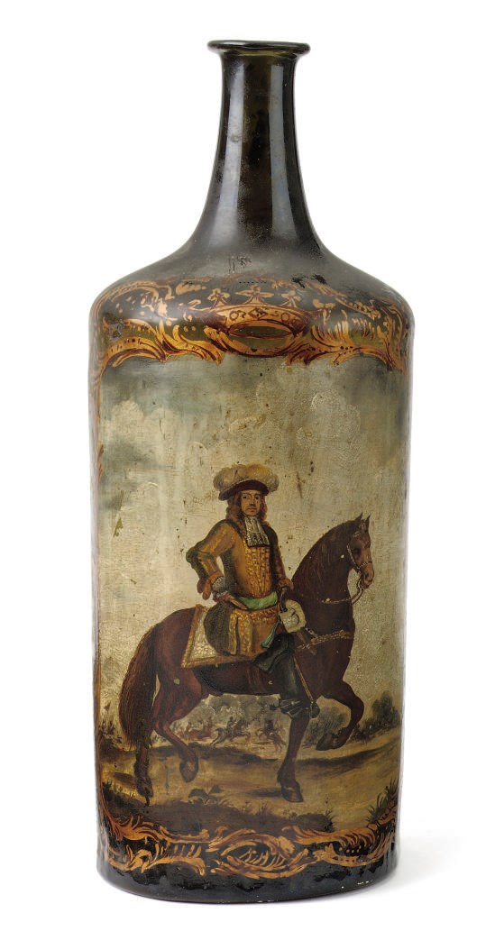 A Dutch painted glass half cylindrical storage bottle (lambsnout)