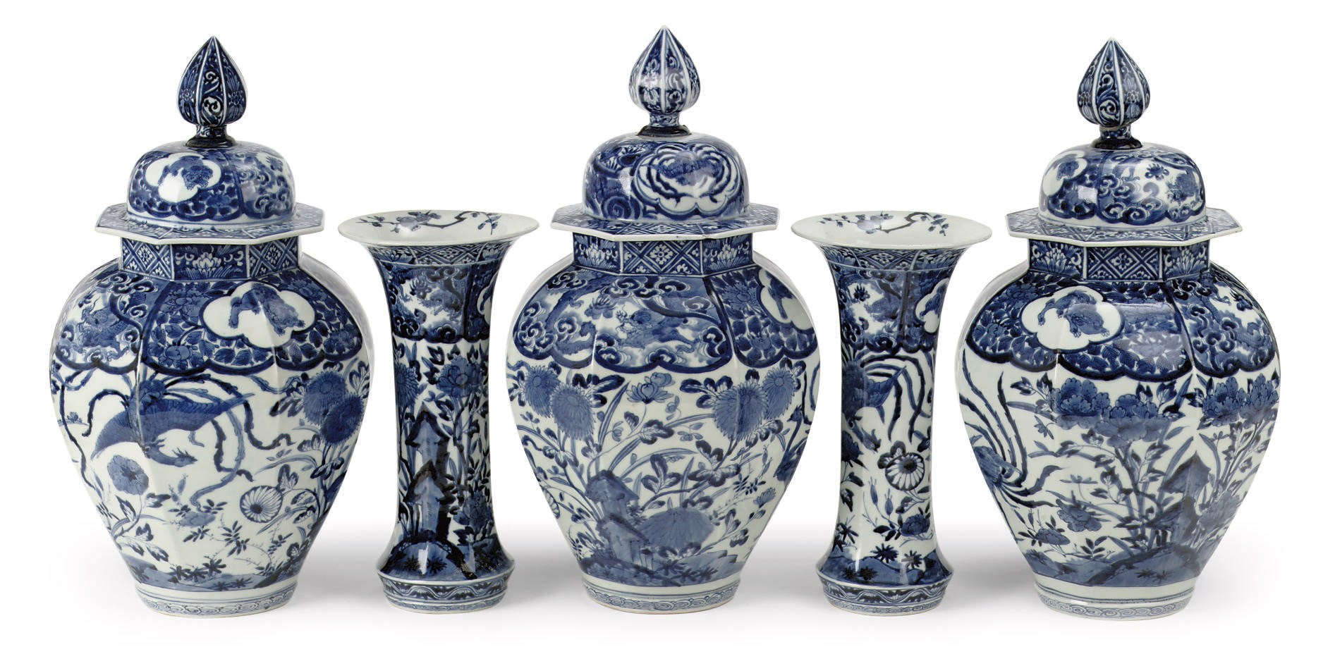 A Japanese Arita blue and white five-piece garniture
