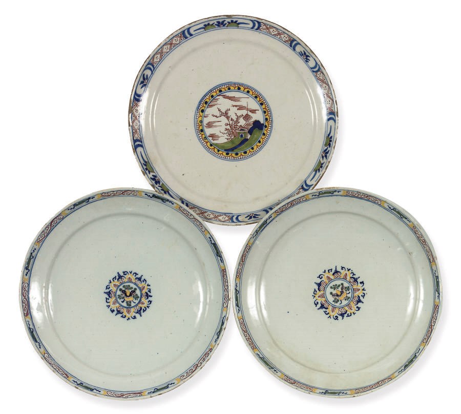 A pair and one Dutch Delft polychrome pancake dish