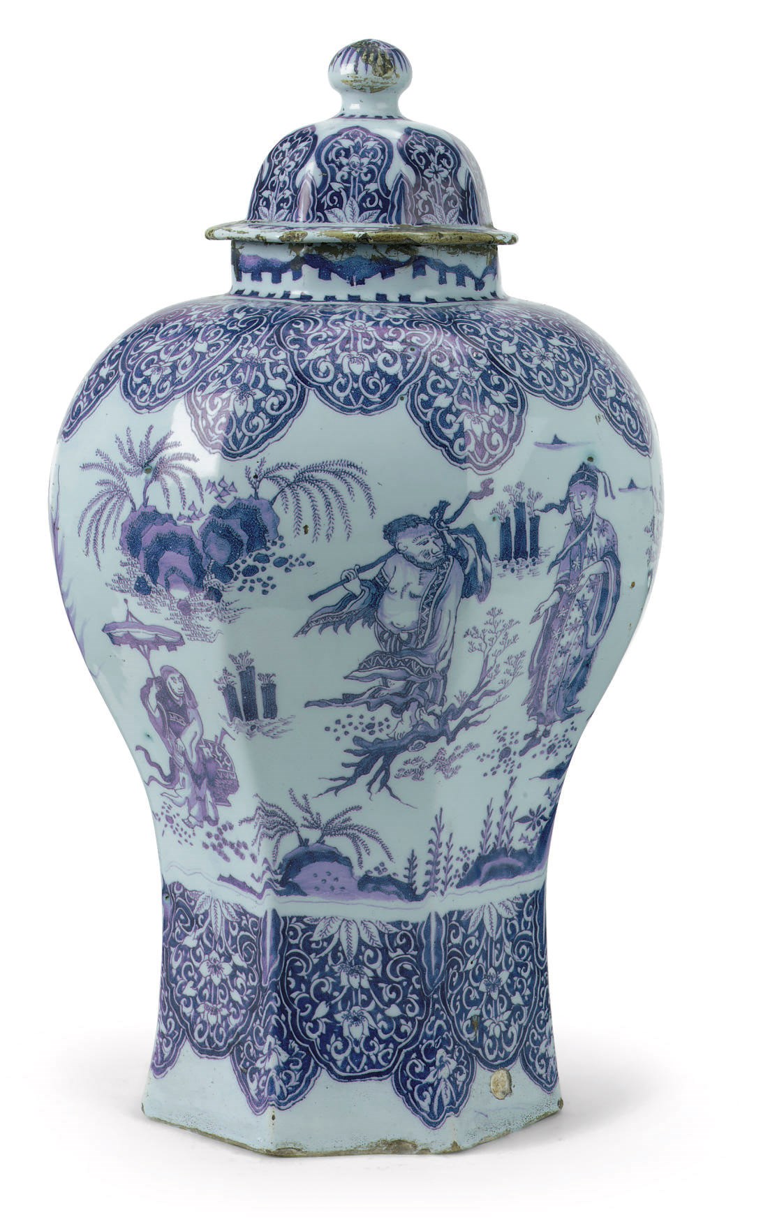 A Dutch Delft blue and white Chinoiserie jar and cover
