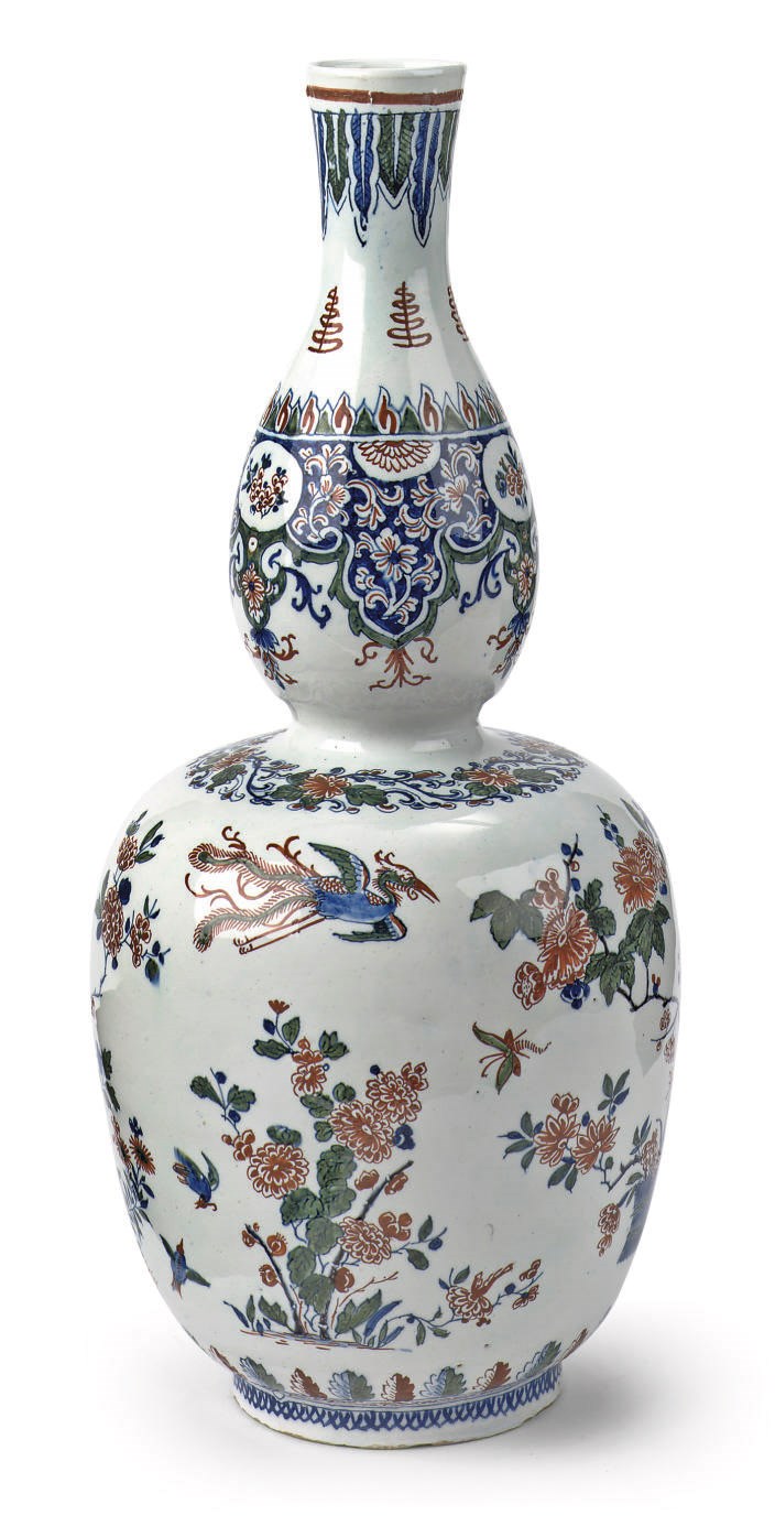 A Dutch Delft polychrome double gourd Chinoiserie vase