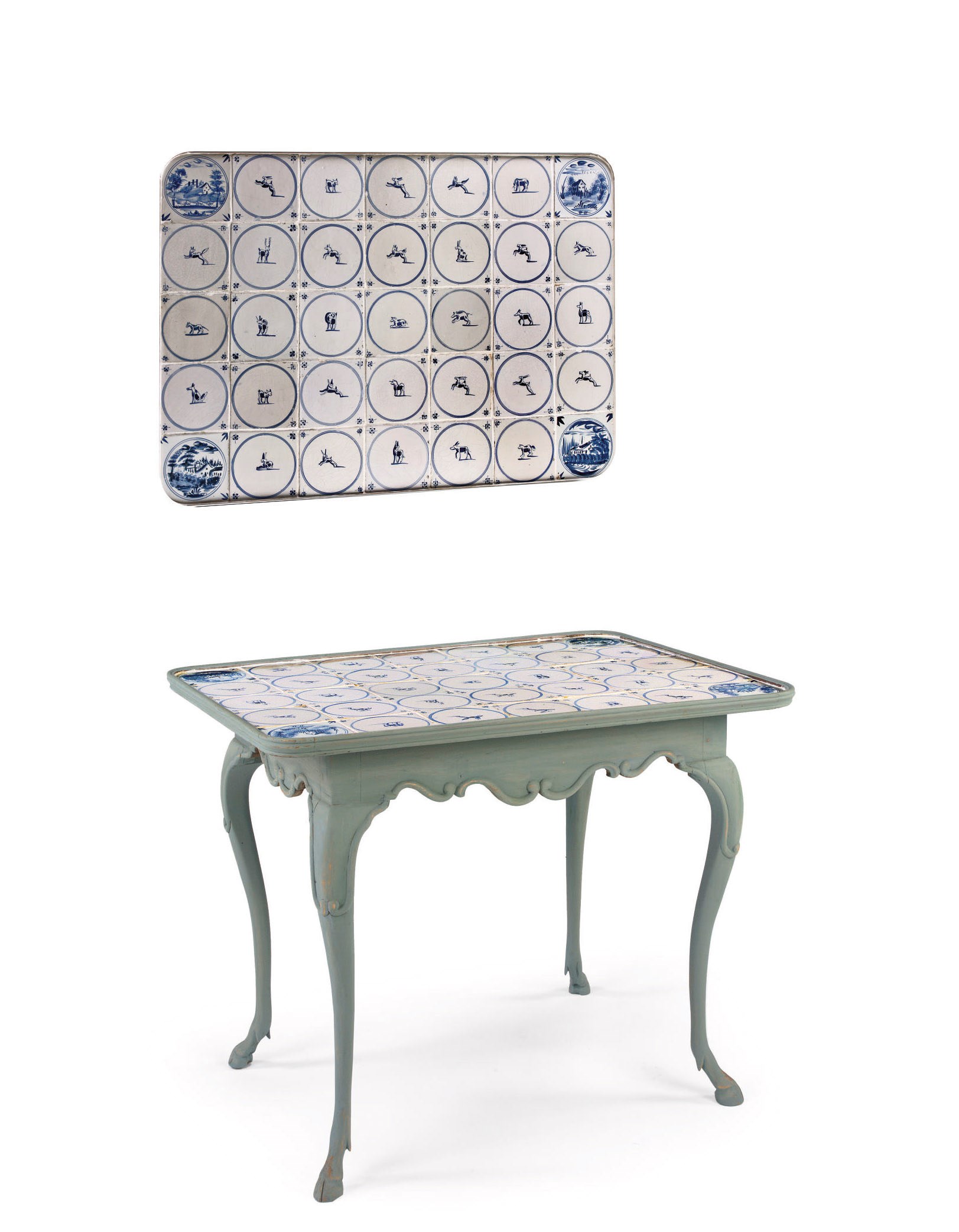 A Danish blue painted tile inset centre table