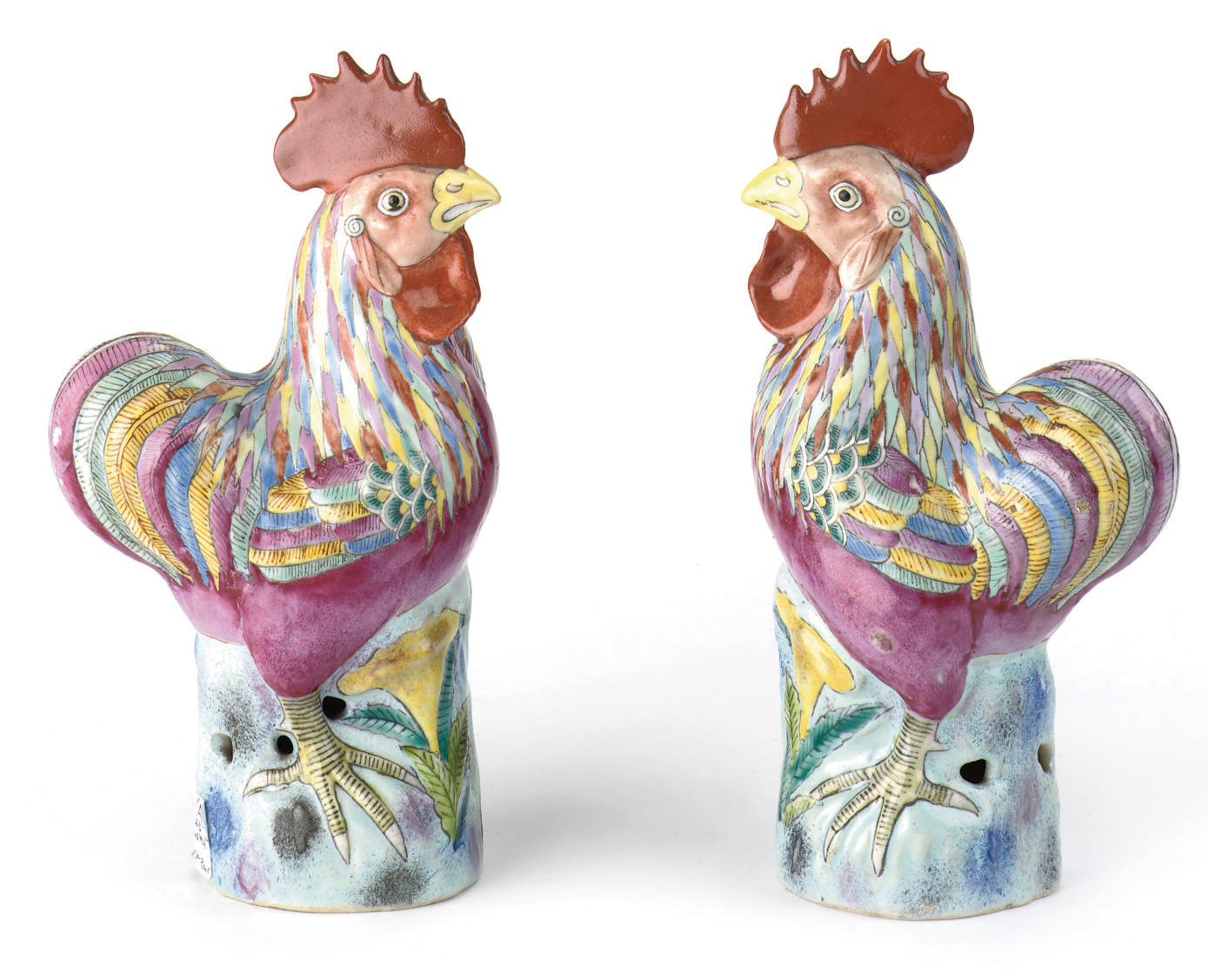 A pair of Chinese famille rose models of cockerels