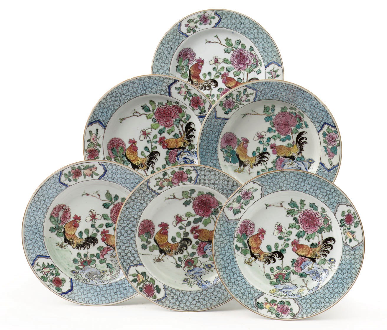 A set of six Chinese famille rose 'cockerel' plates