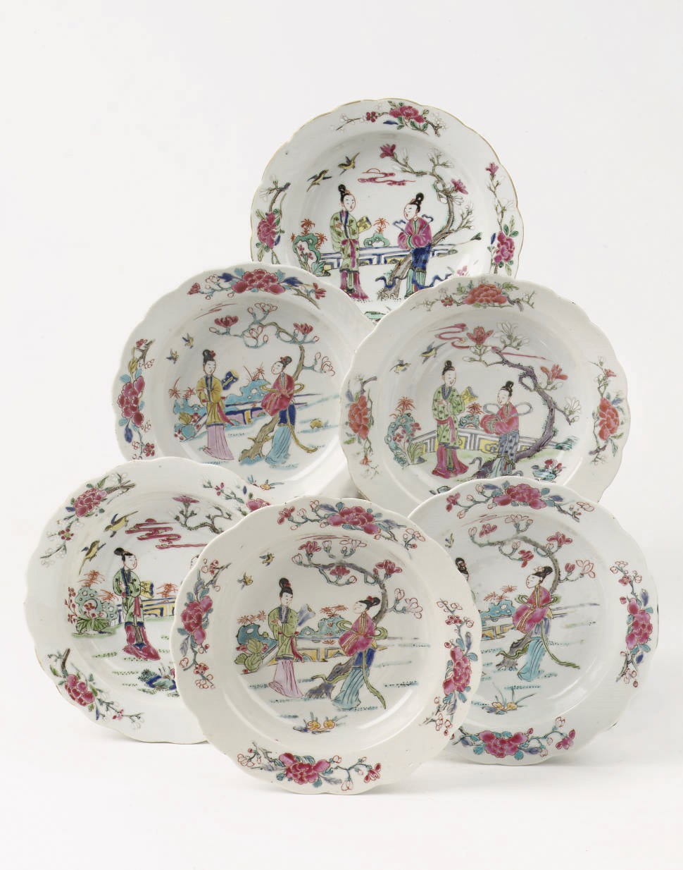 A set of six Chinese flower-shaped dishes
