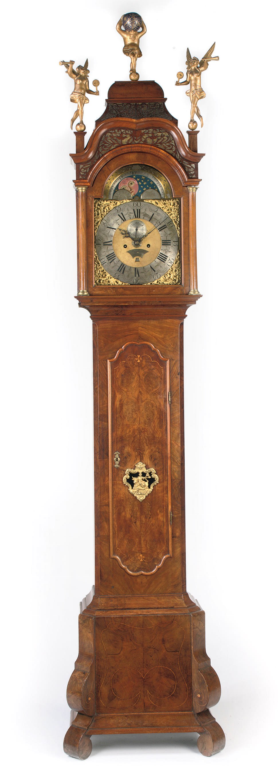 AN ANGLO-DUTCH FIGURED WALNUT LONGCASE CLOCK