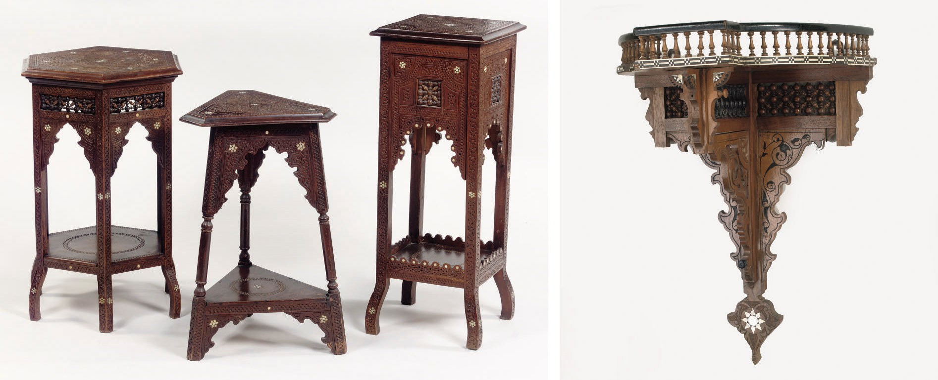 THREE VARIOUS MOTHER-OF-PEARL INLAID CARVED AND STAINED WOOD OCCASIONAL TABLES