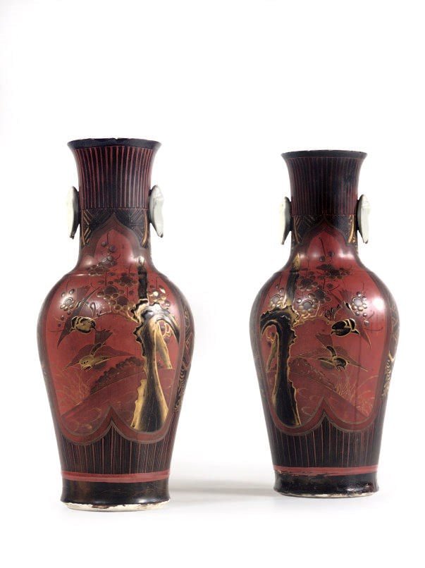 A pair of Japanese red lacquer and gilt vases