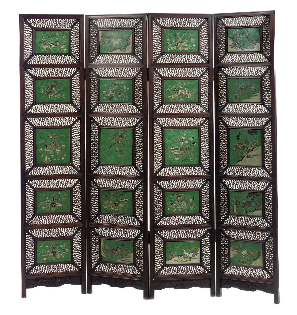 A Chinese wood and porcelain four-leaf screen