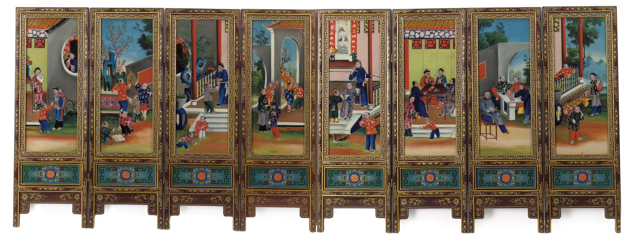 A Chinese eight-fold reverse glass screen