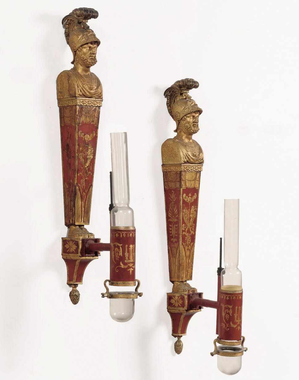 A PAIR OF FRENCH PARCEL-GILT AND RED-PAINTED TOLE PEINT WALL APPLIQUES