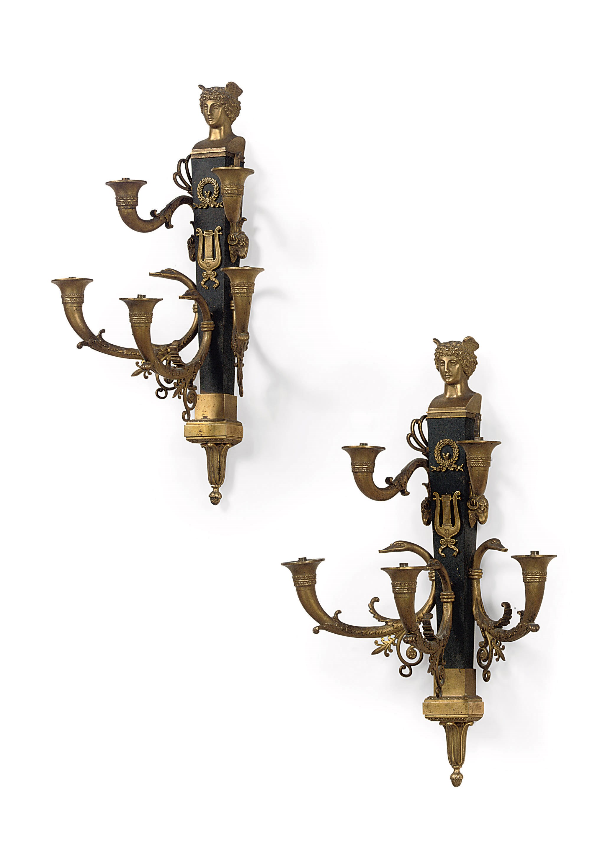 A PAIR OF EMPIRE ORMOLU AND PATINATED BRONZE FOUR-LIGHT WALL-APPLIQUES