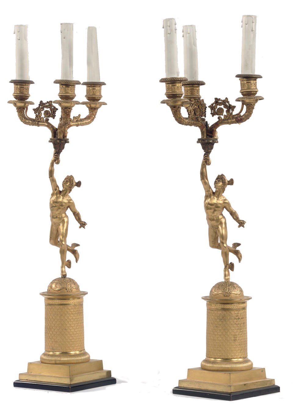 A PAIR OF FRENCH ORMOLU THREE-LIGHT FIGURAL CANDELABRA