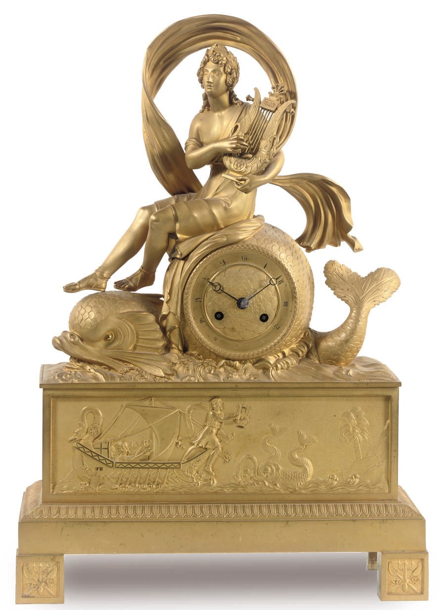 A RESTAURATION ORMOLU FIGURAL STRIKING MANTEL CLOCK
