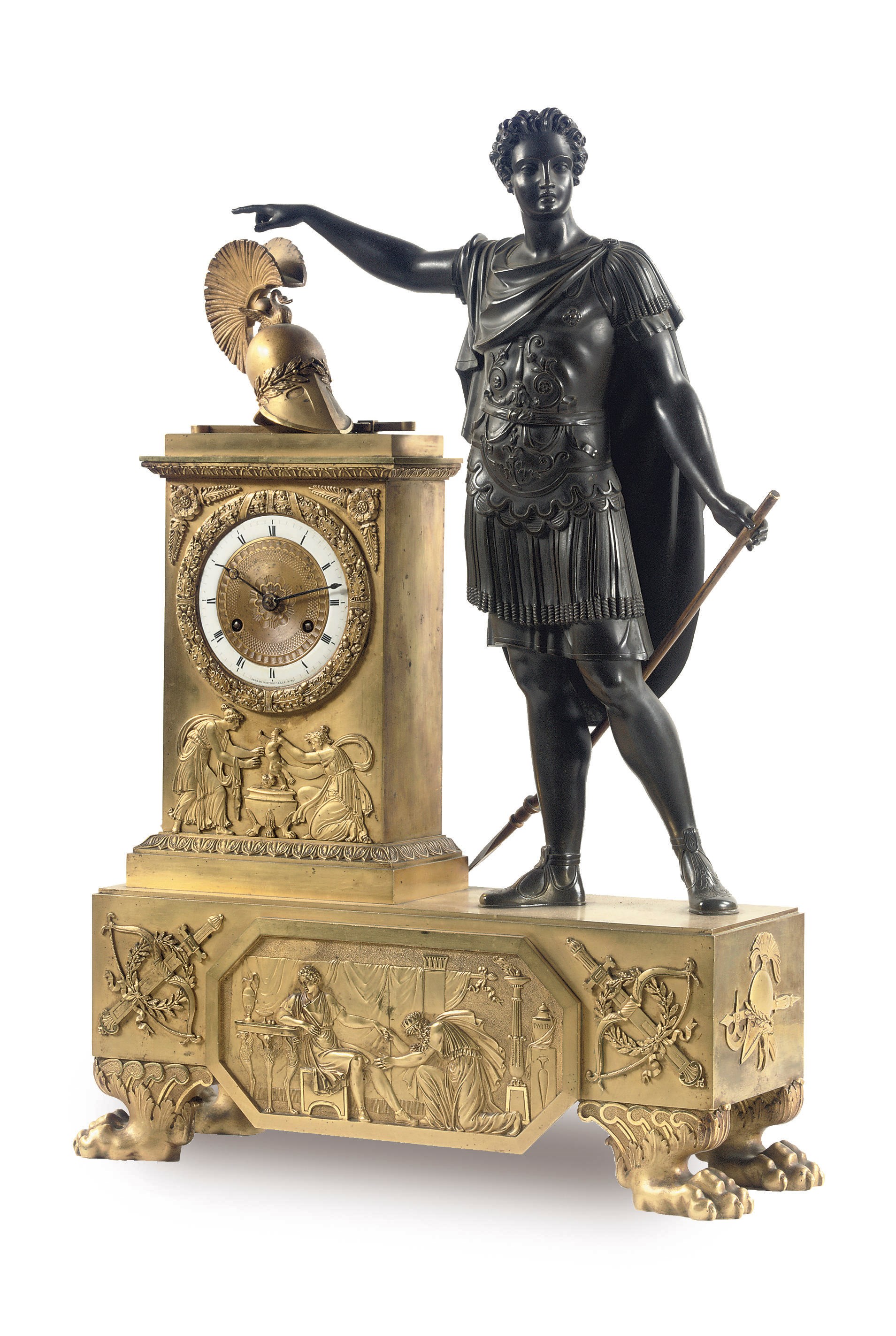 A RESTAURATION ORMOLU AND PATINATED BRONZE STRIKING MANTEL CLOCK DEPICTING THE FIGURE OF ACHILLES