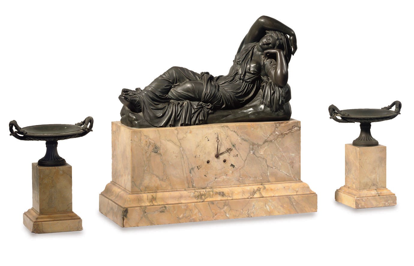 A NAPOLEON III PATINATED BRONZE AND YELLOW MARBLE THREE PIECE CLOCK GARNITURE DEPICTING THE FIGURE OF CLEOPATRA
