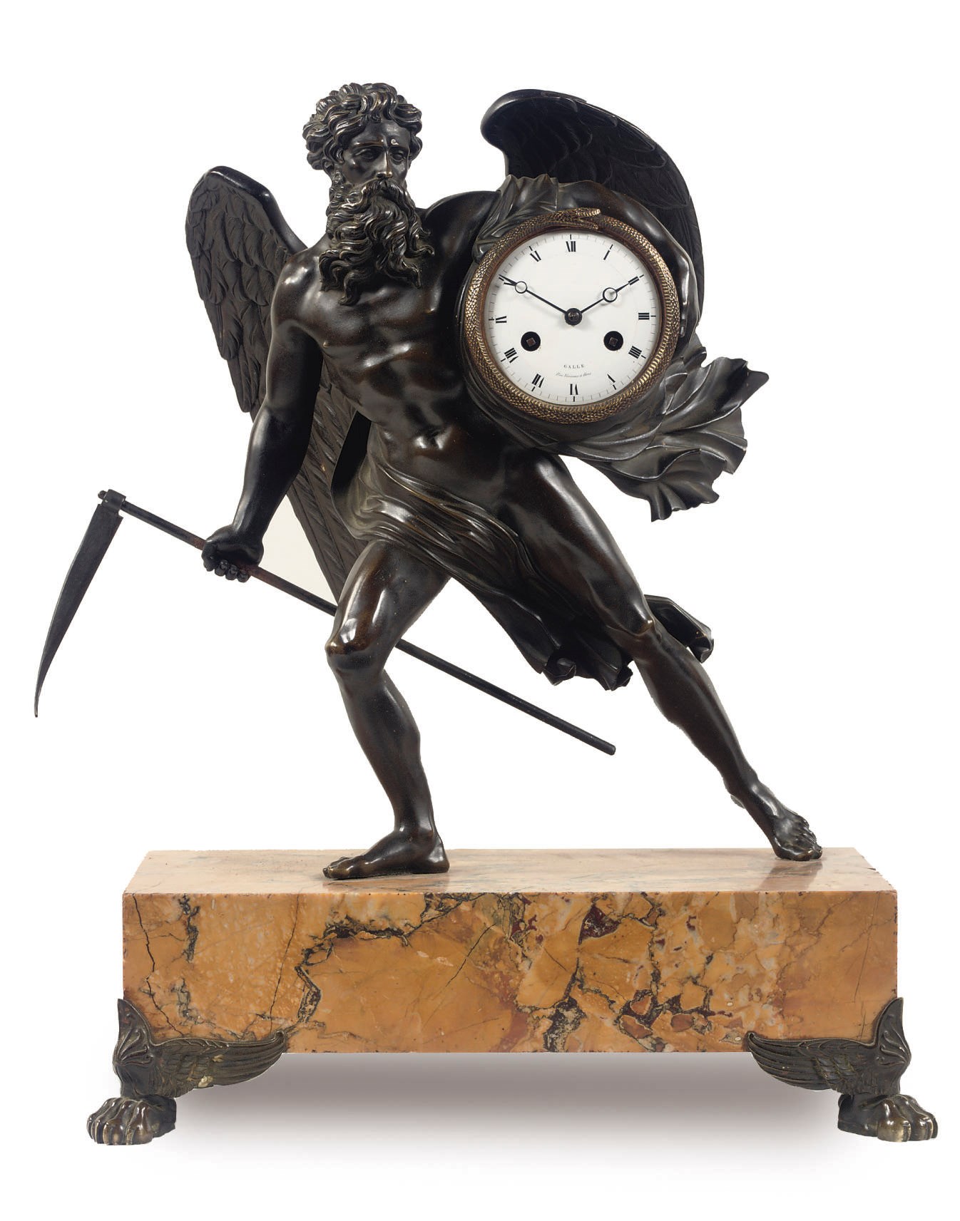 A RESTAURATION PATINATED BRONZE AND GIALLO ANTICO MARBLE FIGURAL STRIKING MANTEL CLOCK