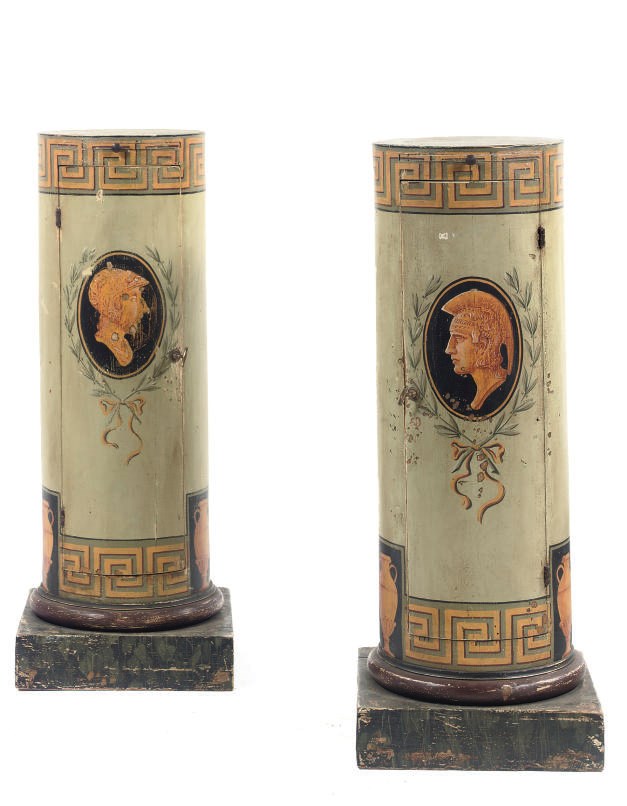 A pair of polychrome decorated pedestal cupboards, probably Italian
