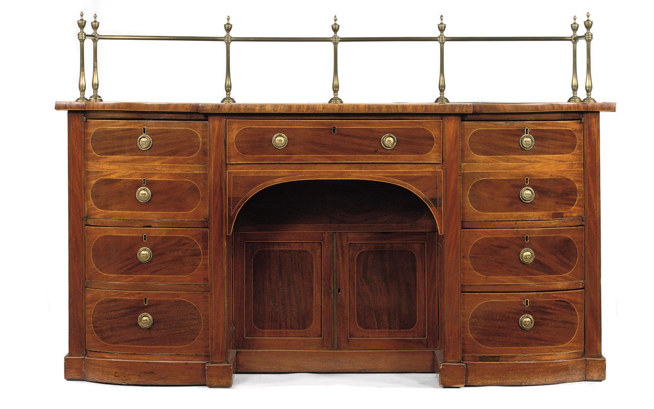 A GEORGE III GILT-BRASS MOUNTED MAHOGANY, TULIPWOOD AND MAPLE SIDEBOARD