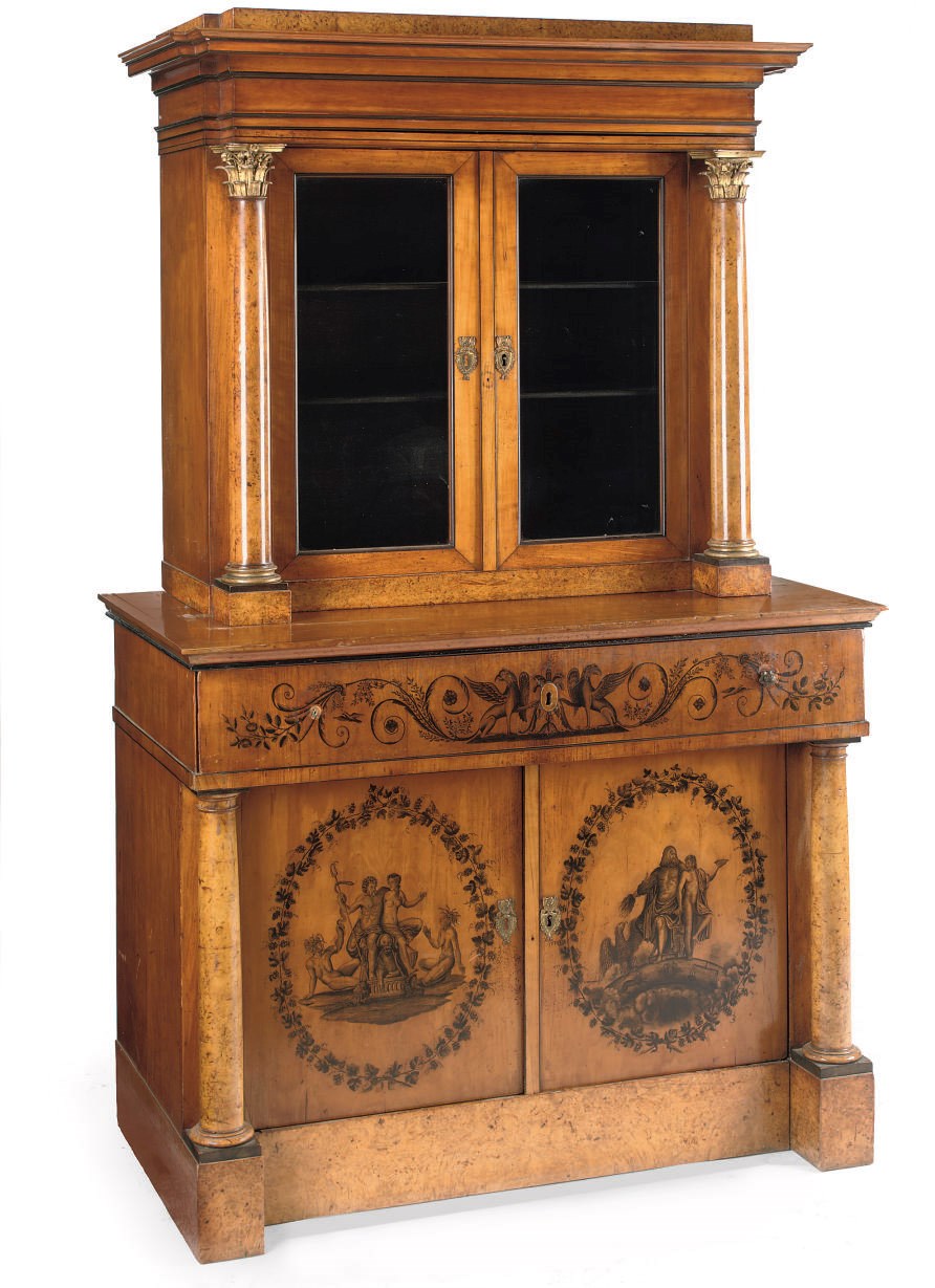 A SOUTH GERMAN BIEDERMEIER PEN-ENGRAVED CHERRYWOOD AND STAINED FIELD MAPLE DISPLAY CABINET