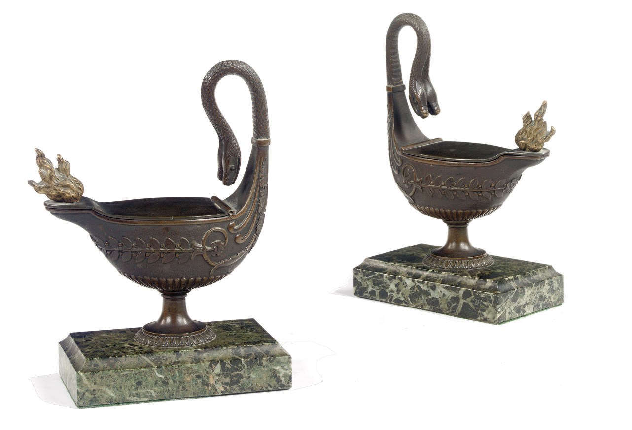 A PAIR OF EMPIRE ORMOLU AND PATINATED BRONZE OIL LAMPS