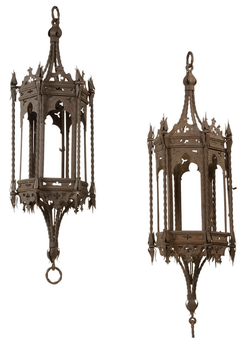 A pair of North European neo-gothic wrought-iron hall lanterns