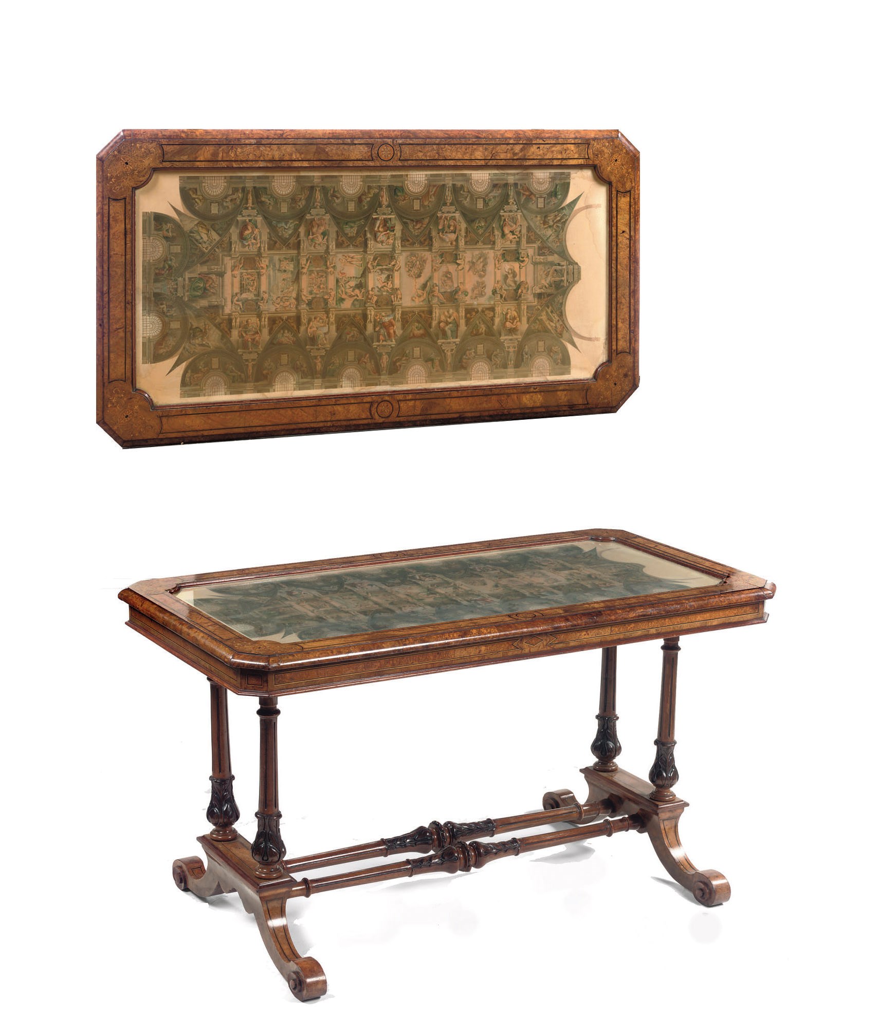 An English walnut, burr birch, ebony and maple centre table